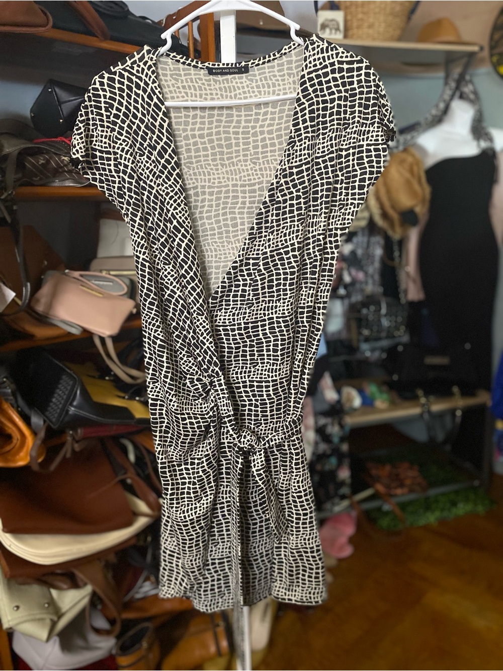 Women's Black & White Printed Wrap Mini Dress with Tie Waist